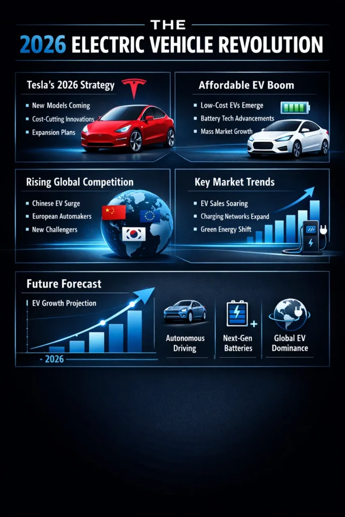 2026 electric vehicle revolution infographic showing Tesla strategy, affordable EV growth, global competition, and future market trends.
