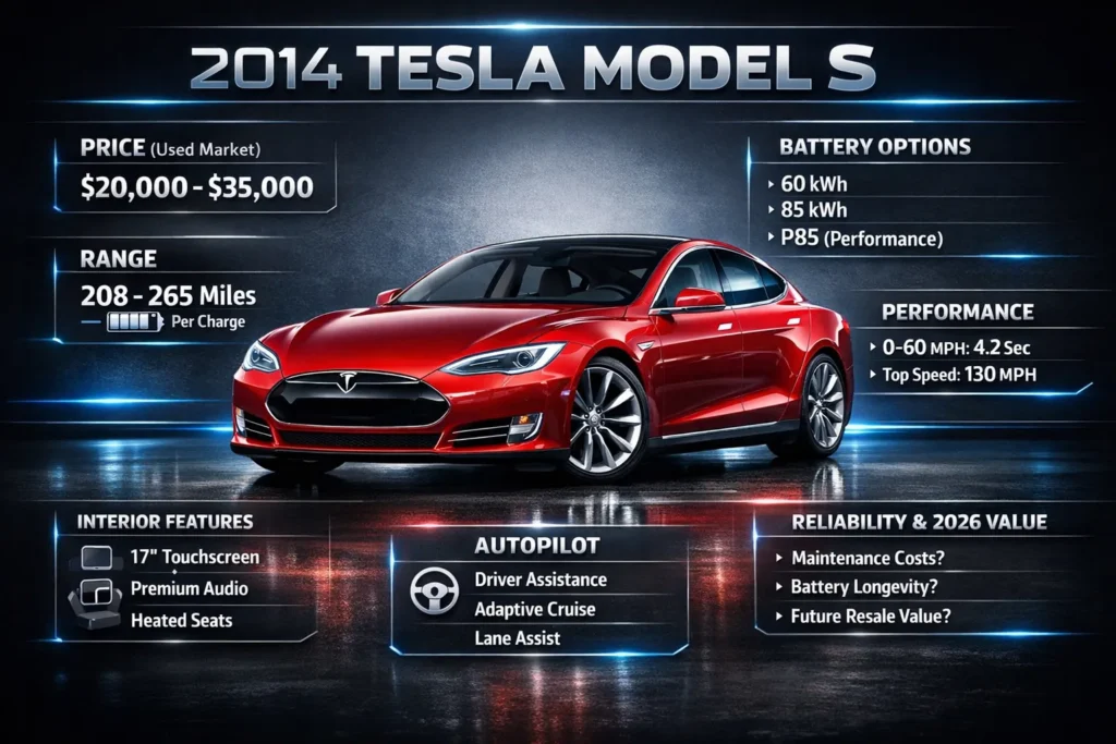 2014 Tesla Model S infographic showing price, specs, range, performance, battery options, and key features in a modern automotive design layout.