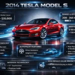 2014 Tesla Model S infographic showing price, specs, range, performance, battery options, and key features in a modern automotive design layout.