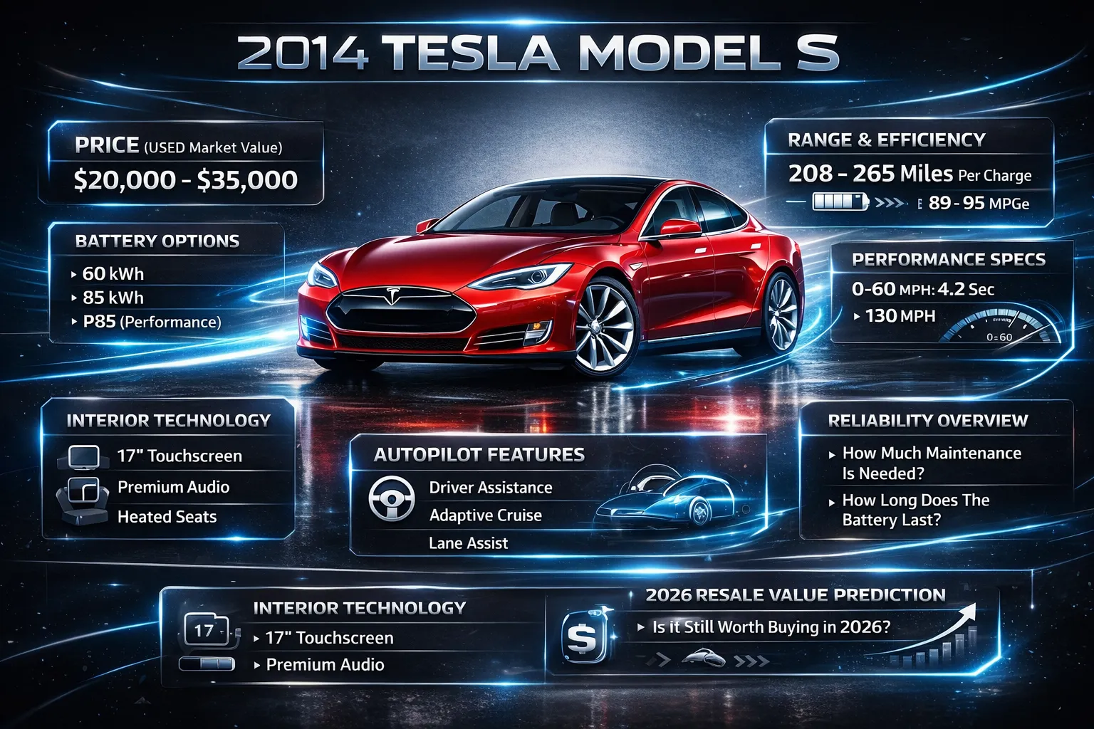 2014 Tesla Model S infographic showing price, specs, range, performance, battery options, and key features in a modern automotive design layout.