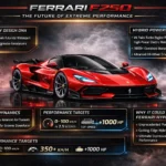 Ferrari F250 Digital Cash hypercar infographic showing hybrid powertrain specs, aerodynamic design, performance data, and exclusivity details