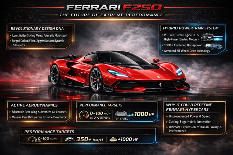 Ferrari F250 Digital Cash hypercar infographic showing hybrid powertrain specs, aerodynamic design, performance data, and exclusivity details