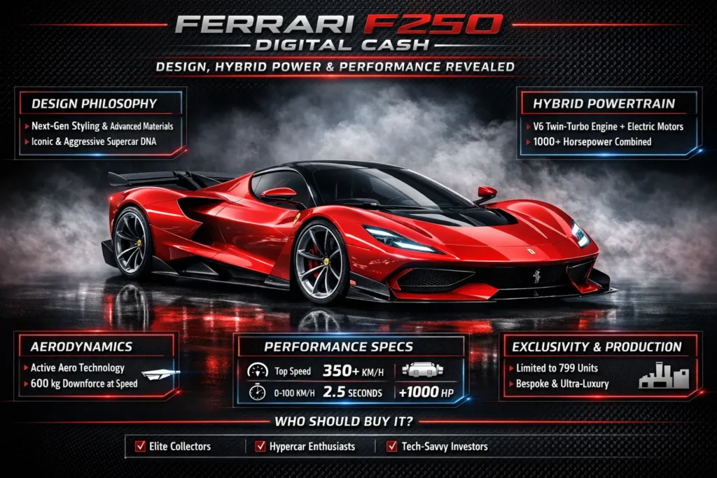 Ferrari F250 Digital Cash hypercar infographic showing hybrid powertrain specs, aerodynamic design, performance data, and exclusivity details