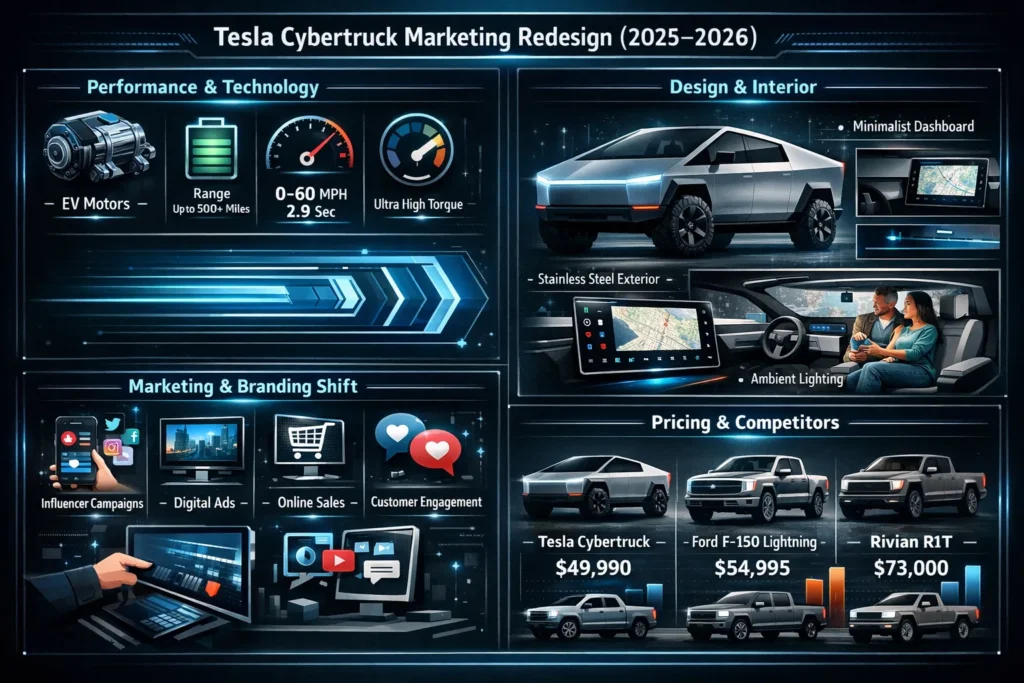 Tesla Cybertruck marketing redesign 2025–2026 infographic showing performance, design, branding strategy, pricing, and competitor comparison