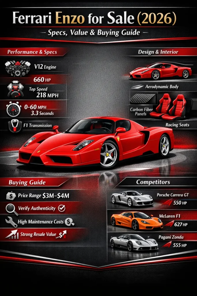 Ferrari Enzo for sale infographic showing specs, performance, design, buying tips, price trends, and competitor comparison for collectors in 2026.