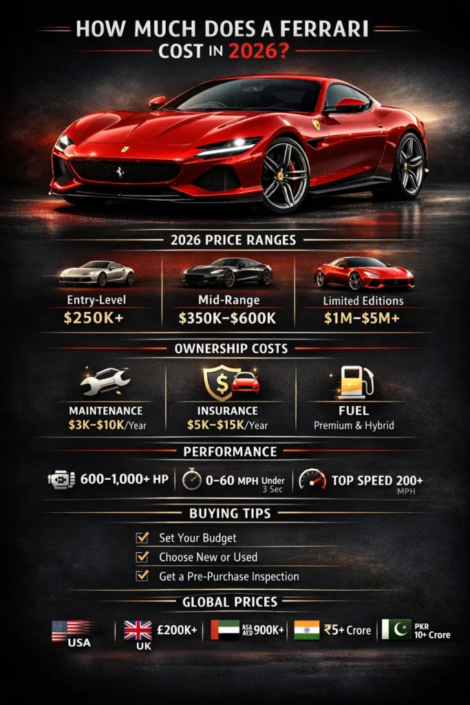 Ferrari 2026 price guide infographic showing supercar cost, ownership expenses, performance specs, and global buying tips.