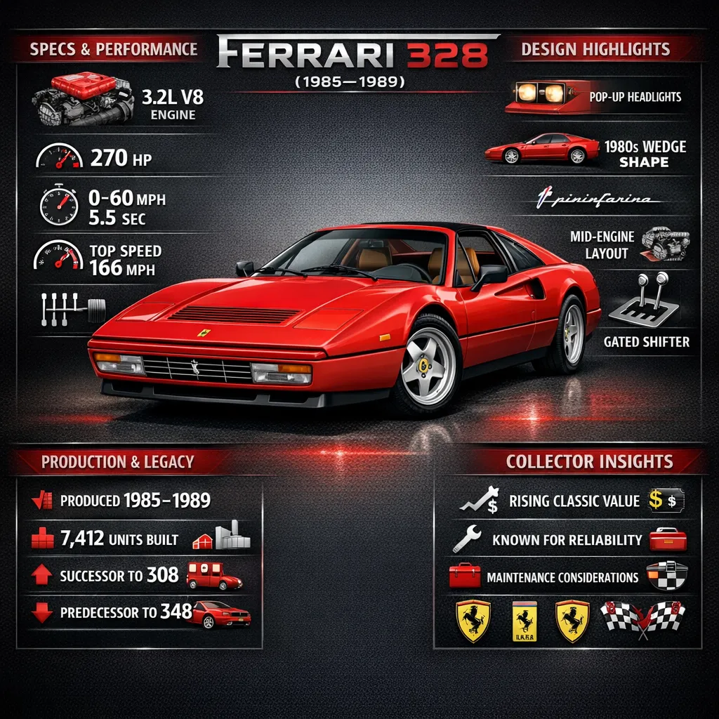 Infographic of Ferrari 328 showing 3.2L V8 engine specs, 270 hp performance, 0-60 mph time, design highlights, production years 1985-1989, and collector value insights.
