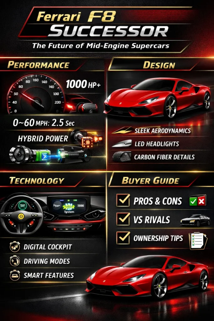 Ferrari F8 successor infographic showing performance specs, hybrid technology, design upgrades, and buyer guide for Ferrari’s next mid-engine supercar
