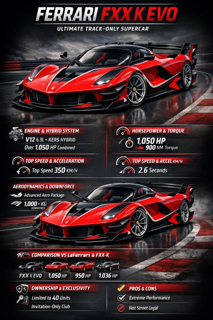 Ferrari FXX K EVO track-only supercar infographic showing specs, hybrid V12 engine, performance, aerodynamics, and comparison data.