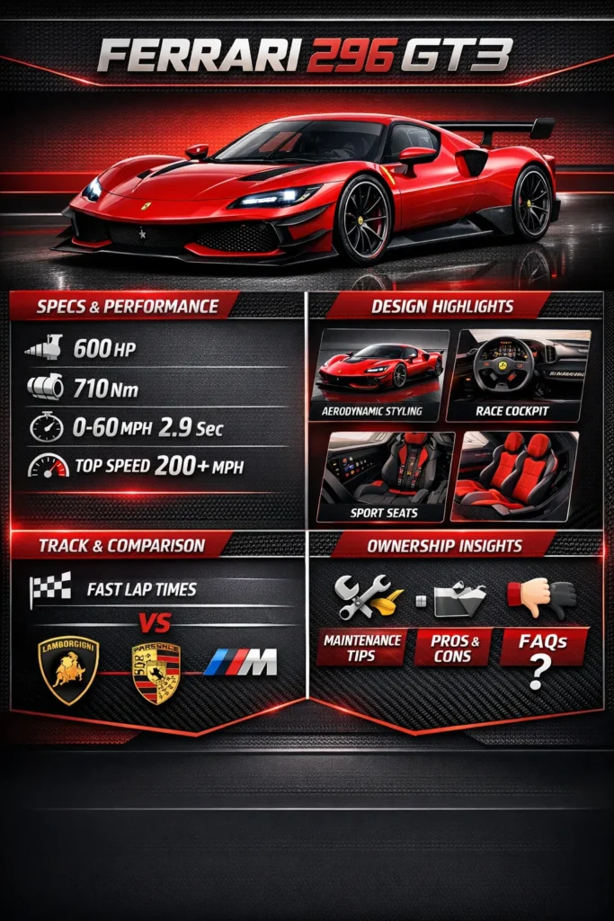 "Infographic of Ferrari 296 GT3 showcasing specs, performance stats, design highlights, track comparisons, and ownership tips."
