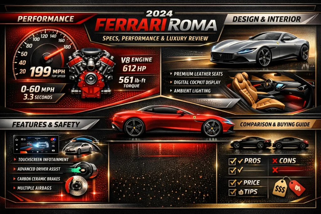 2024 Ferrari Roma infographic showing specs, performance, interior luxury, safety features, and GT car comparison guide