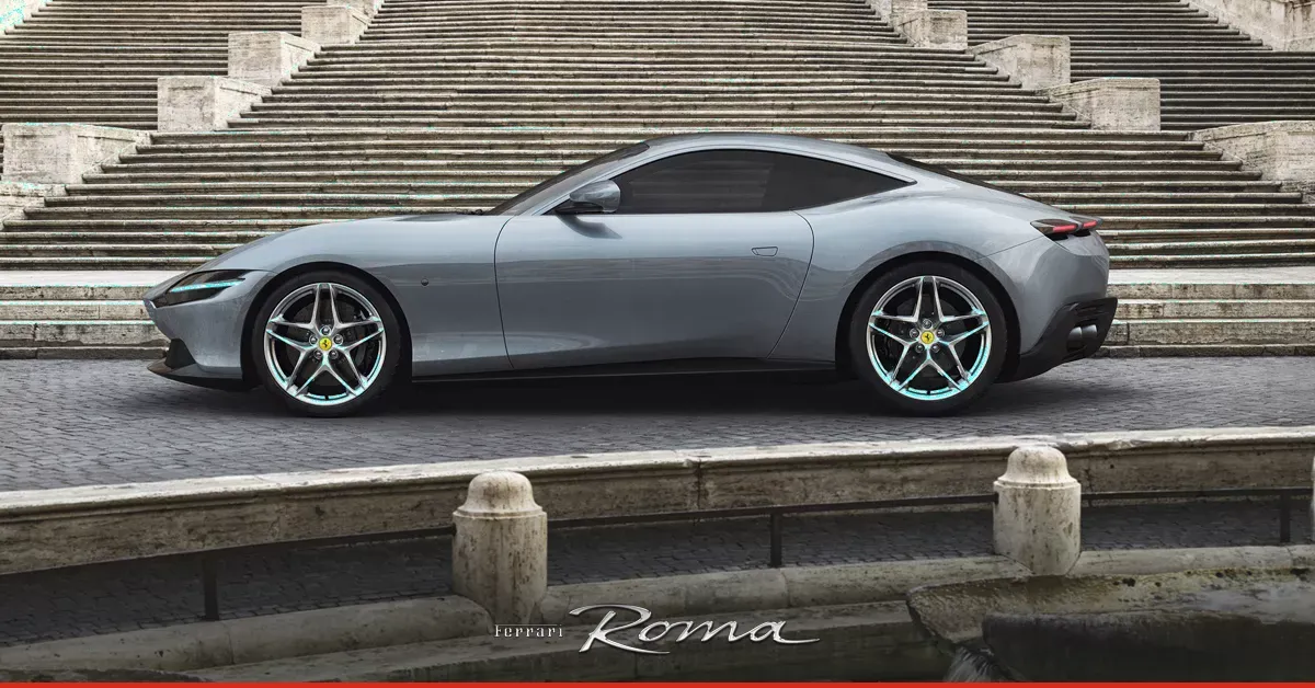 2024 Ferrari Roma infographic showing specs, performance, interior luxury, safety features, and GT car comparison guide