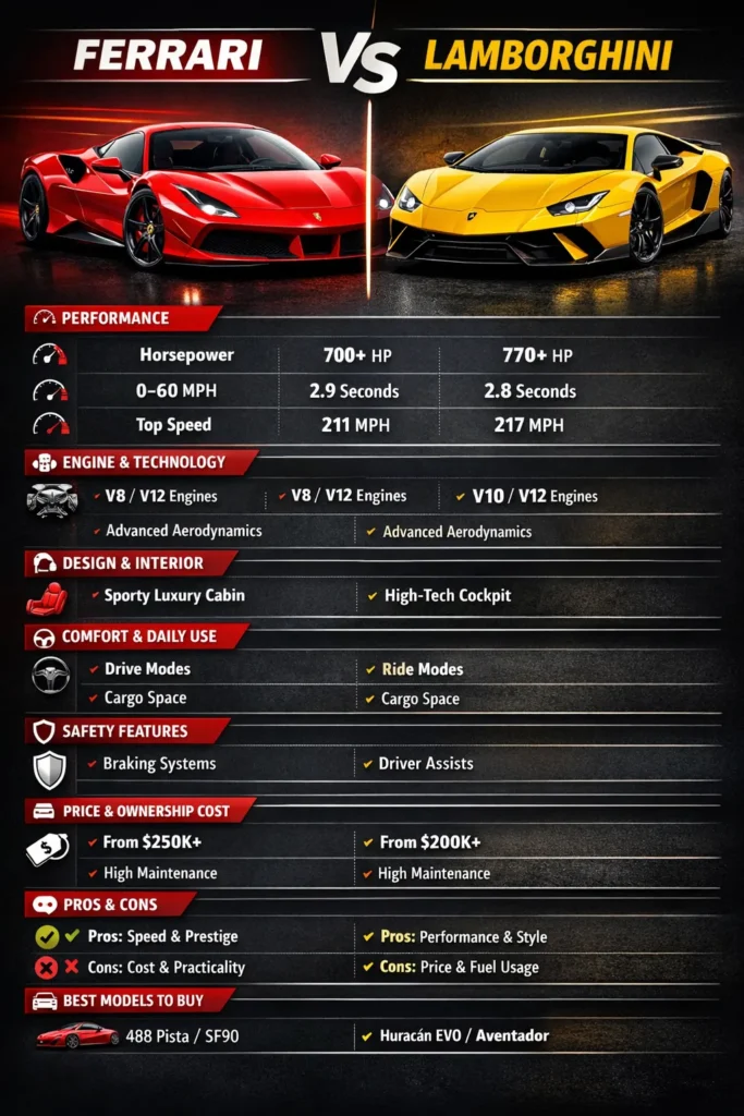 Ferrari vs Lamborghini supercar comparison infographic showing performance, design, price, and pros and cons