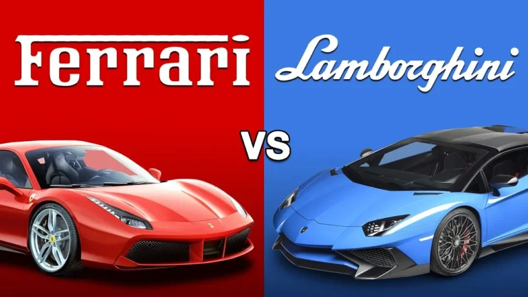 Ferrari vs Lamborghini supercar comparison infographic showing performance, design, price, and pros and cons