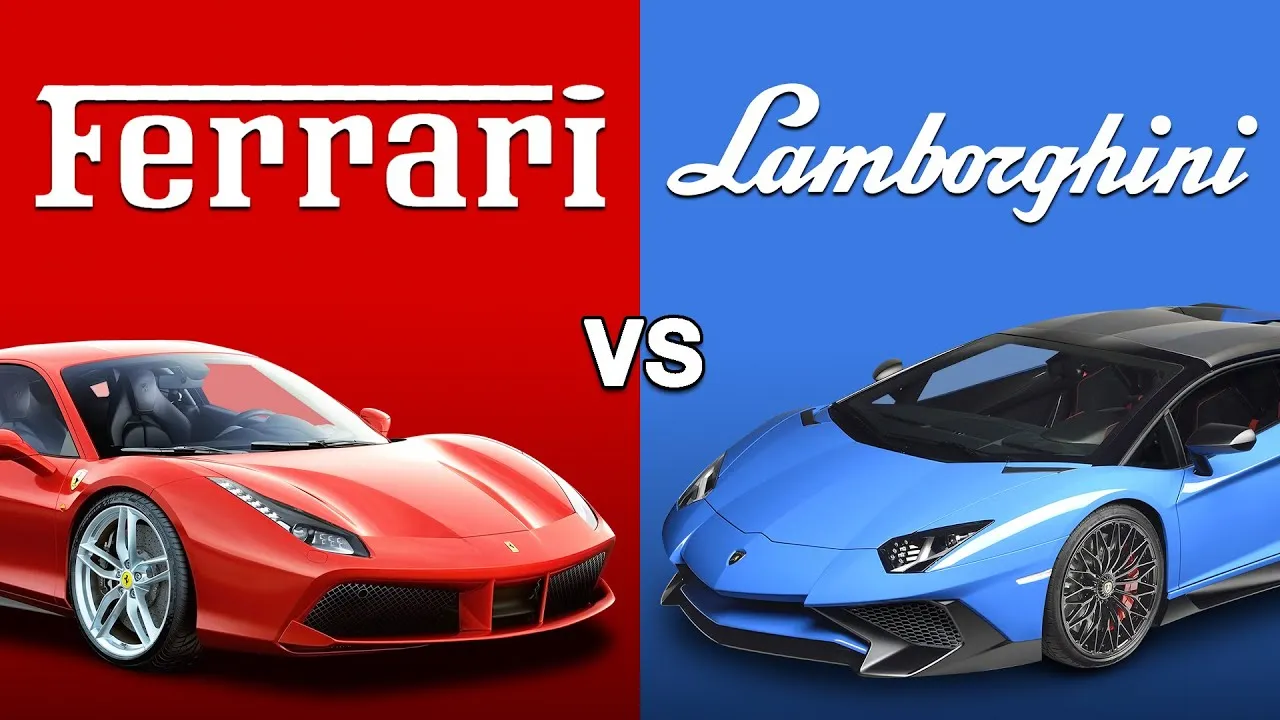 Ferrari vs Lamborghini supercar comparison infographic showing performance, design, price, and pros and cons