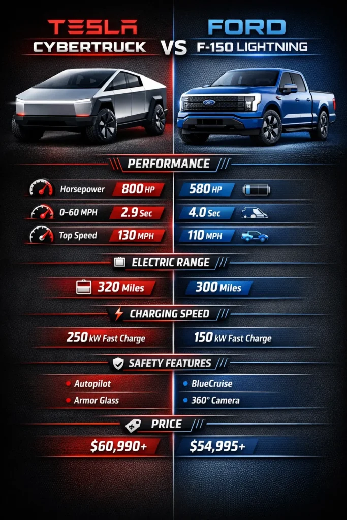 "Infographic comparing Tesla Cybertruck and Ford F-150 Lightning side by side, showing performance, range, charging speed, safety features, and pricing details."