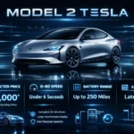 Tesla Model 2 infographic showing price, specs, release date, battery range, and performance details in a premium automotive design layout.