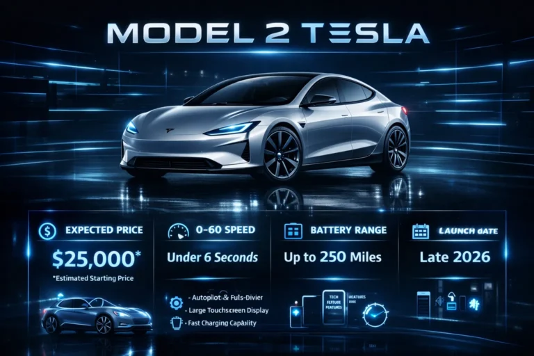 Tesla Model 2 infographic showing price, specs, release date, battery range, and performance details in a premium automotive design layout.