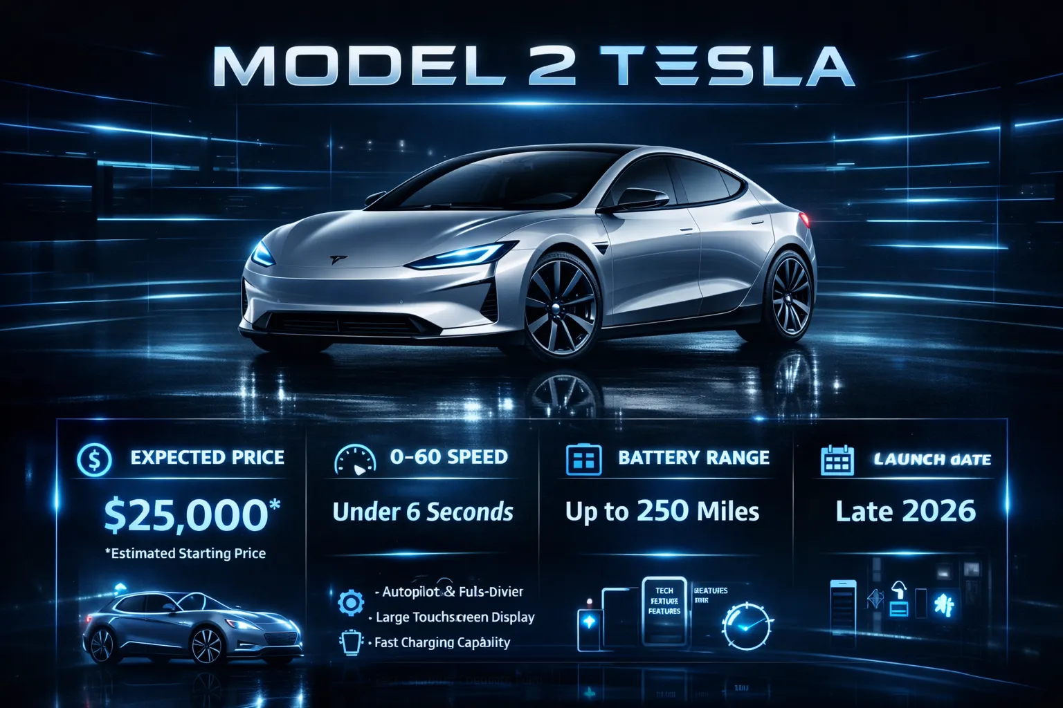 Tesla Model 2 infographic showing price, specs, release date, battery range, and performance details in a premium automotive design layout.