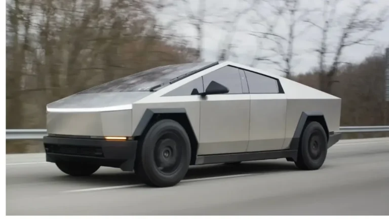 "Infographic comparing Tesla Cybertruck and Ford F-150 Lightning side by side, showing performance, range, charging speed, safety features, and pricing details."