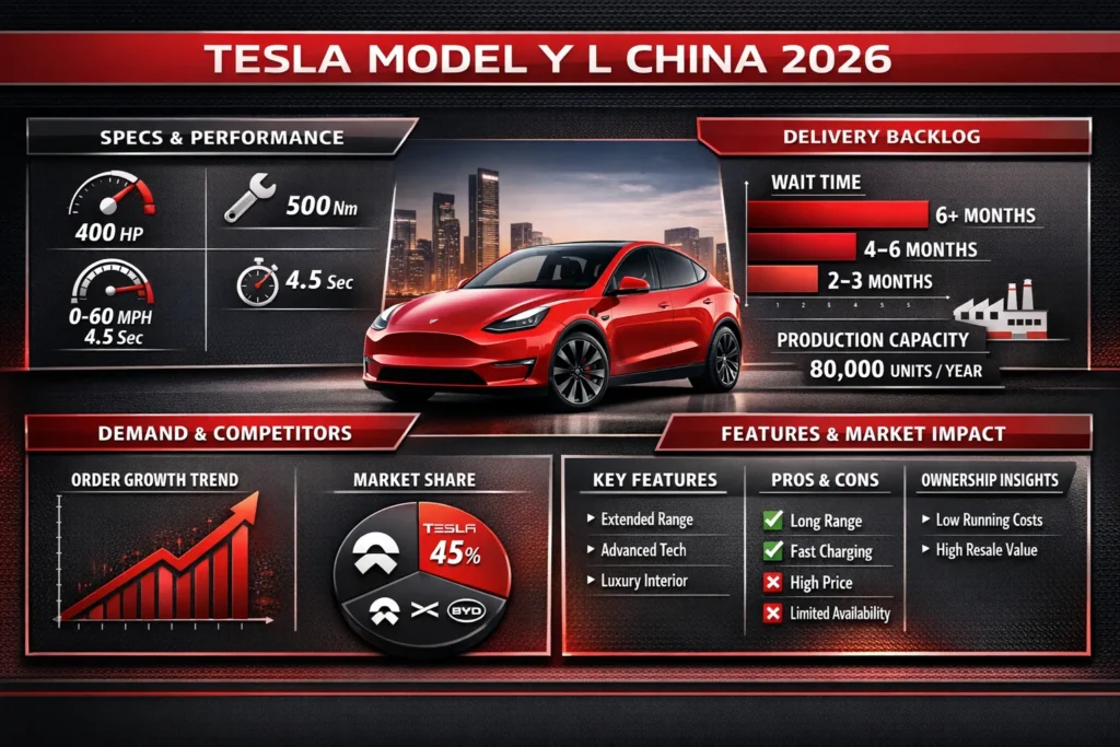 "Infographic showing Tesla Model Y L China 2026 orders, specs, delivery backlog, demand trends, features, competitors, and market impact."