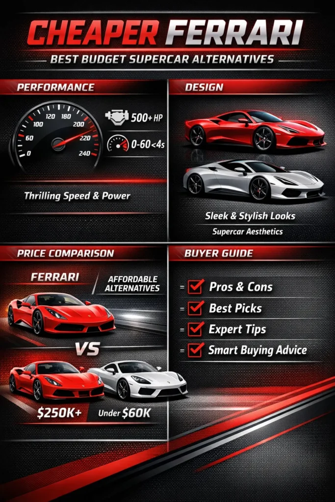 Infographic showing cheaper Ferrari alternatives with performance specs, design comparison, pricing, and expert buying guide for budget supercar buyers