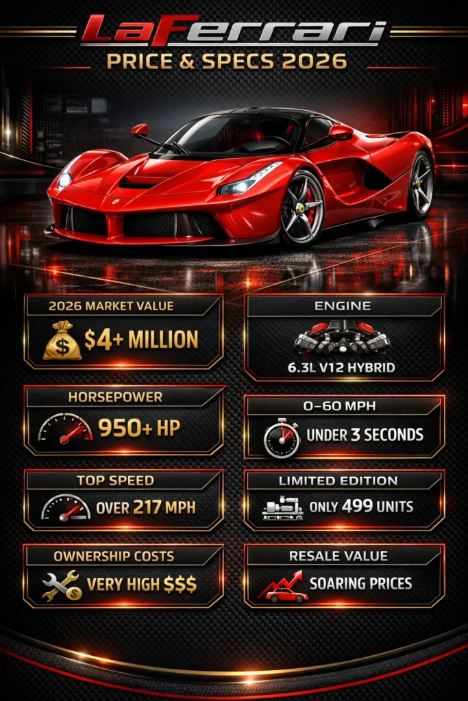 LaFerrari price and specifications infographic showing 2026 market value, hybrid V12 engine, horsepower, performance, and ownership costs.