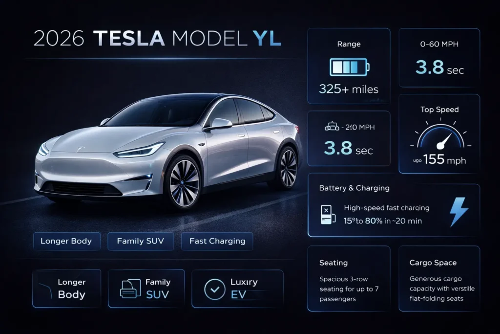 Tesla Model YL infographic showing range, charging, performance, seating, cargo space, and key 2026 buyer guide specs