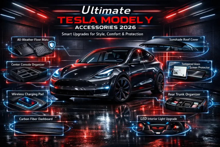 Best Tesla Model Y accessories infographic showing floor mats, console organizer, wireless charger, and storage upgrades for Tesla Model Y.
