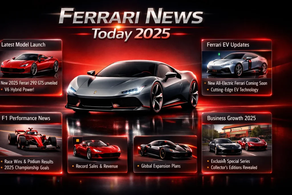 Ferrari News Today 2025 infographic showing latest Ferrari model launches, electric vehicle updates, F1 performance news, business growth updates, and luxury car innovations in a premium cinematic layout.