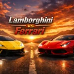Lamborghini vs Ferrari infographic comparing performance, engines, design philosophy, technology, pricing, ownership costs, and resale value of the two iconic supercar brands.