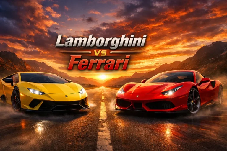 Lamborghini vs Ferrari infographic comparing performance, engines, design philosophy, technology, pricing, ownership costs, and resale value of the two iconic supercar brands.