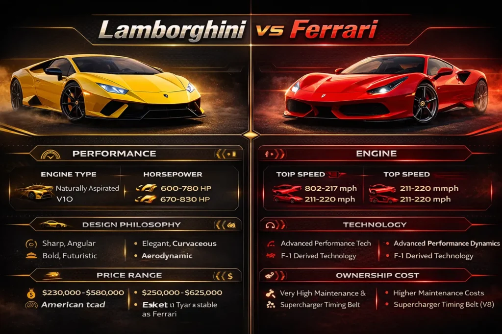 Lamborghini vs Ferrari infographic comparing performance, engines, design philosophy, technology, pricing, ownership costs, and resale value of the two iconic supercar brands.