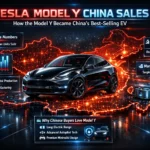 Infographic explaining **Tesla Model Y sales growth and market dominance in China, showing EV market share, sales statistics, and growth timeline.