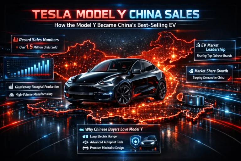 Infographic explaining **Tesla Model Y sales growth and market dominance in China, showing EV market share, sales statistics, and growth timeline.