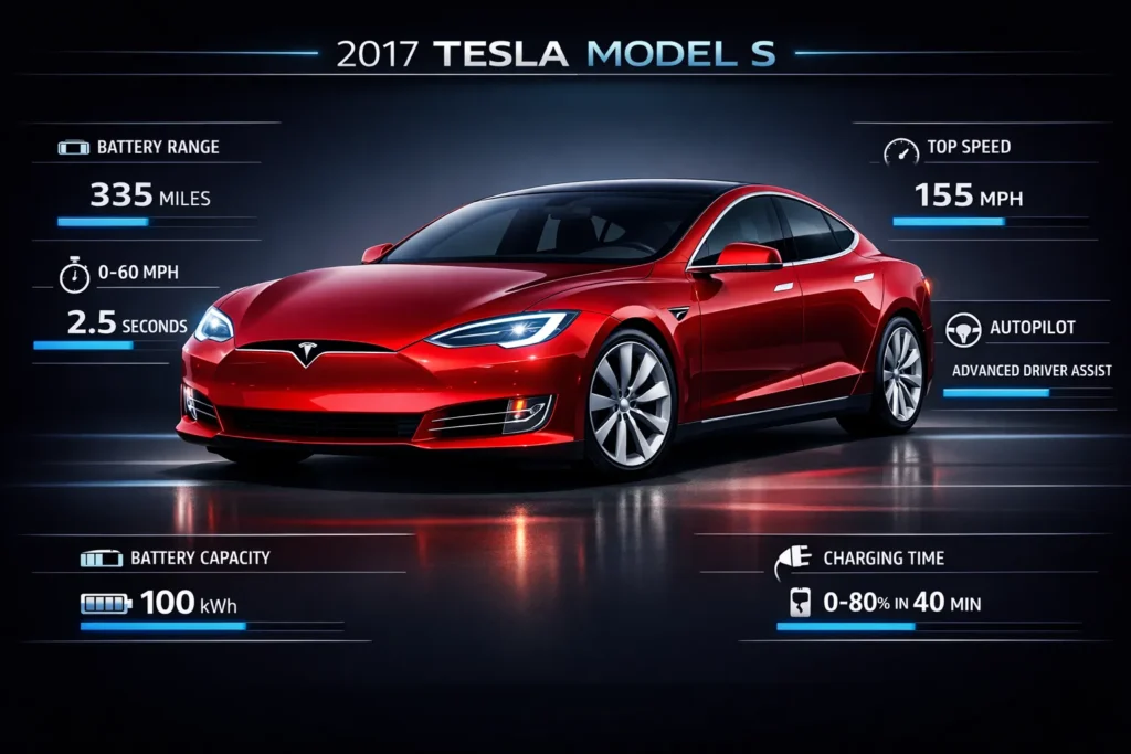2017 Tesla Model S infographic showing range, acceleration, battery specs, top speed, and Autopilot technology overview