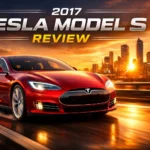 2017 Tesla Model S infographic showing range, acceleration, battery specs, top speed, and Autopilot technology overview
