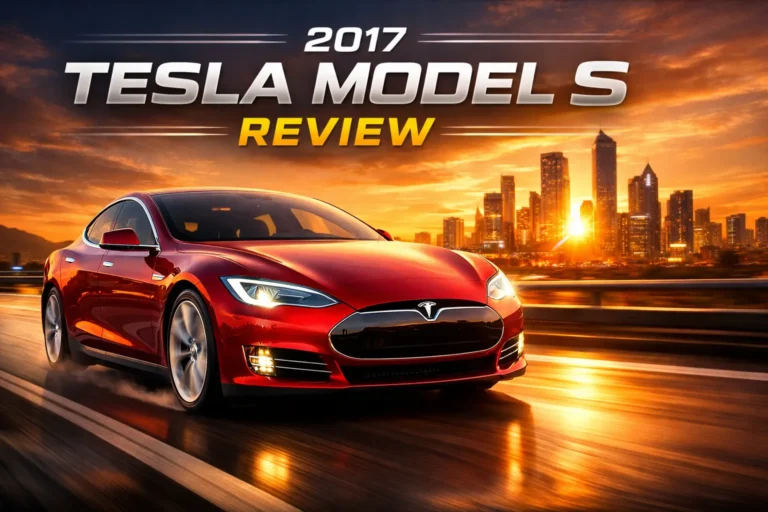 2017 Tesla Model S infographic showing range, acceleration, battery specs, top speed, and Autopilot technology overview
