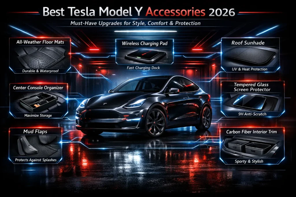Best Tesla Model Y accessories infographic showing floor mats, console organizer, wireless charger, and storage upgrades for Tesla Model Y.