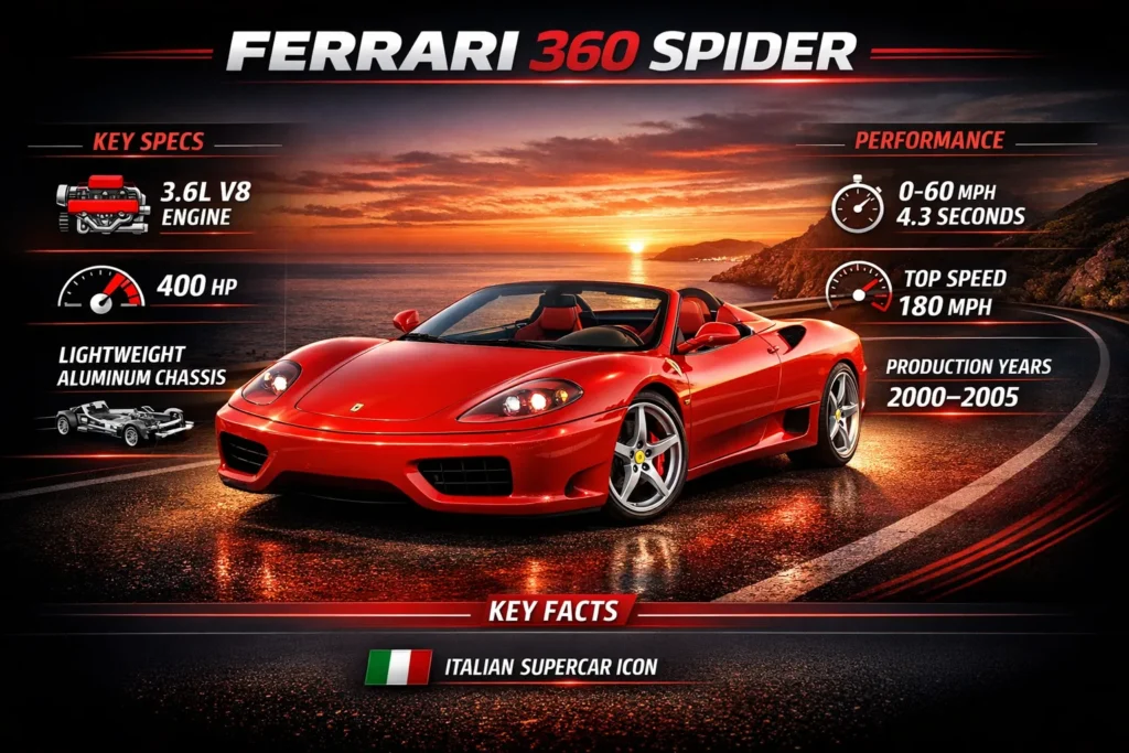 Ferrari 360 Spider infographic showing specs, 3.6L V8 engine, 400 horsepower, top speed, and key performance details of the iconic Ferrari convertible.