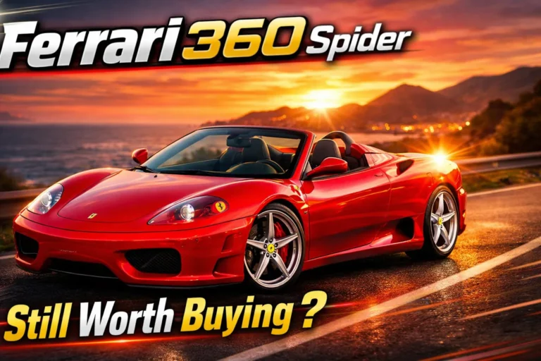 Ferrari 360 Spider infographic showing specs, 3.6L V8 engine, 400 horsepower, top speed, and key performance details of the iconic Ferrari convertible.