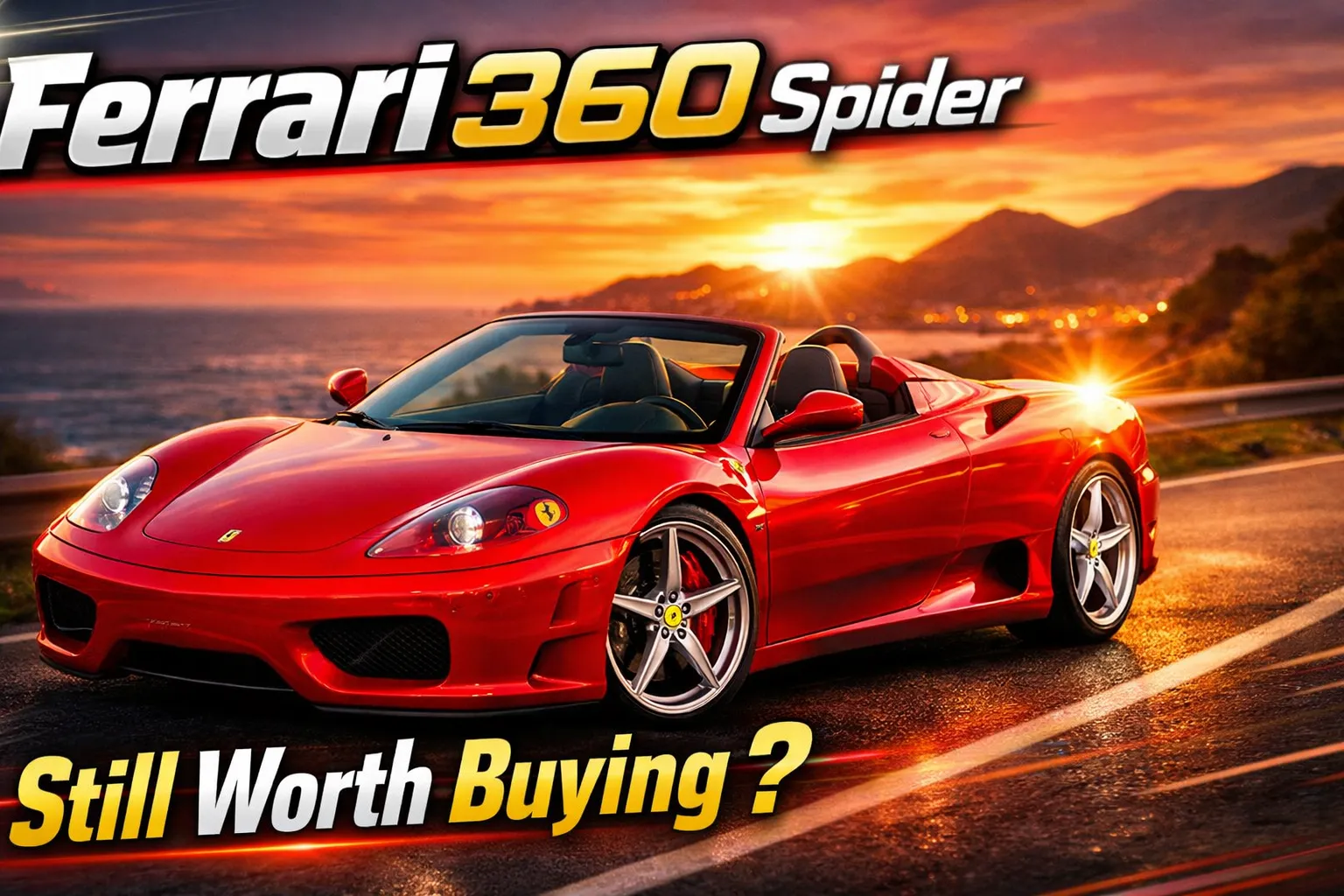 Ferrari 360 Spider infographic showing specs, 3.6L V8 engine, 400 horsepower, top speed, and key performance details of the iconic Ferrari convertible.