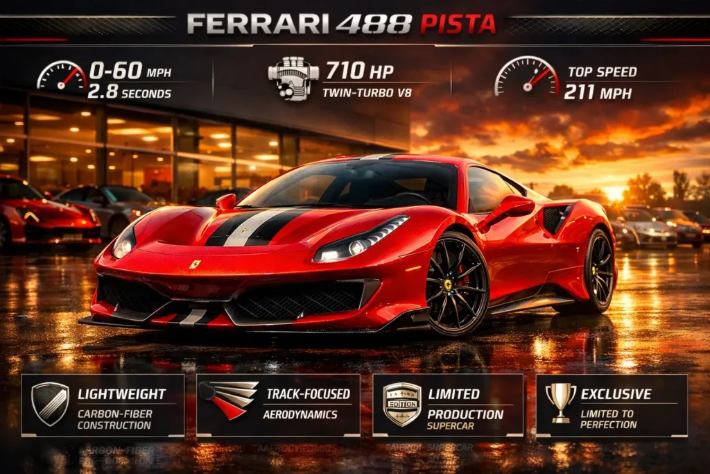 Ferrari 488 Pista for sale infographic showing specs, 710 hp twin-turbo V8, 0–60 mph in 2.8 seconds, top speed 211 mph, and track-focused design.