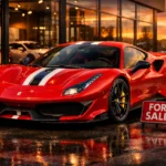 Ferrari 488 Pista for sale infographic showing specs, 710 hp twin-turbo V8, 0–60 mph in 2.8 seconds, top speed 211 mph, and track-focused design.