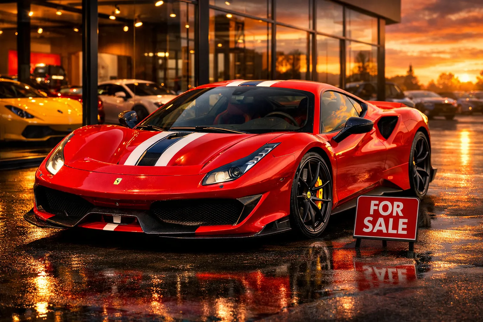 Ferrari 488 Pista for sale infographic showing specs, 710 hp twin-turbo V8, 0–60 mph in 2.8 seconds, top speed 211 mph, and track-focused design.
