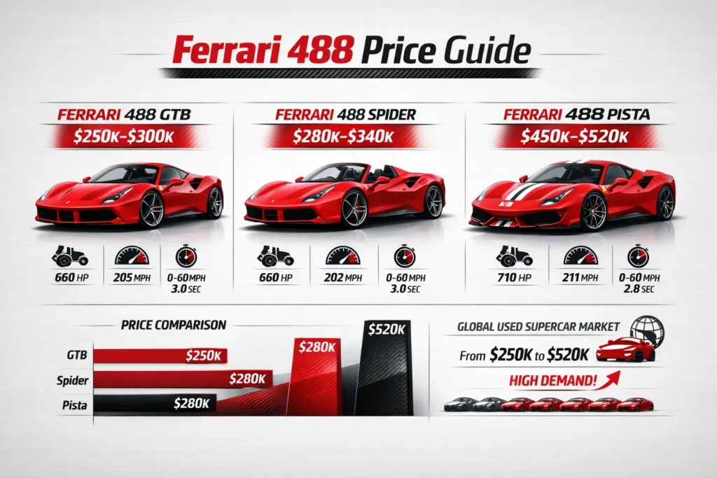 Ferrari 488 price infographic showing GTB, Spider, and Pista price ranges with performance specs and supercar market comparison.