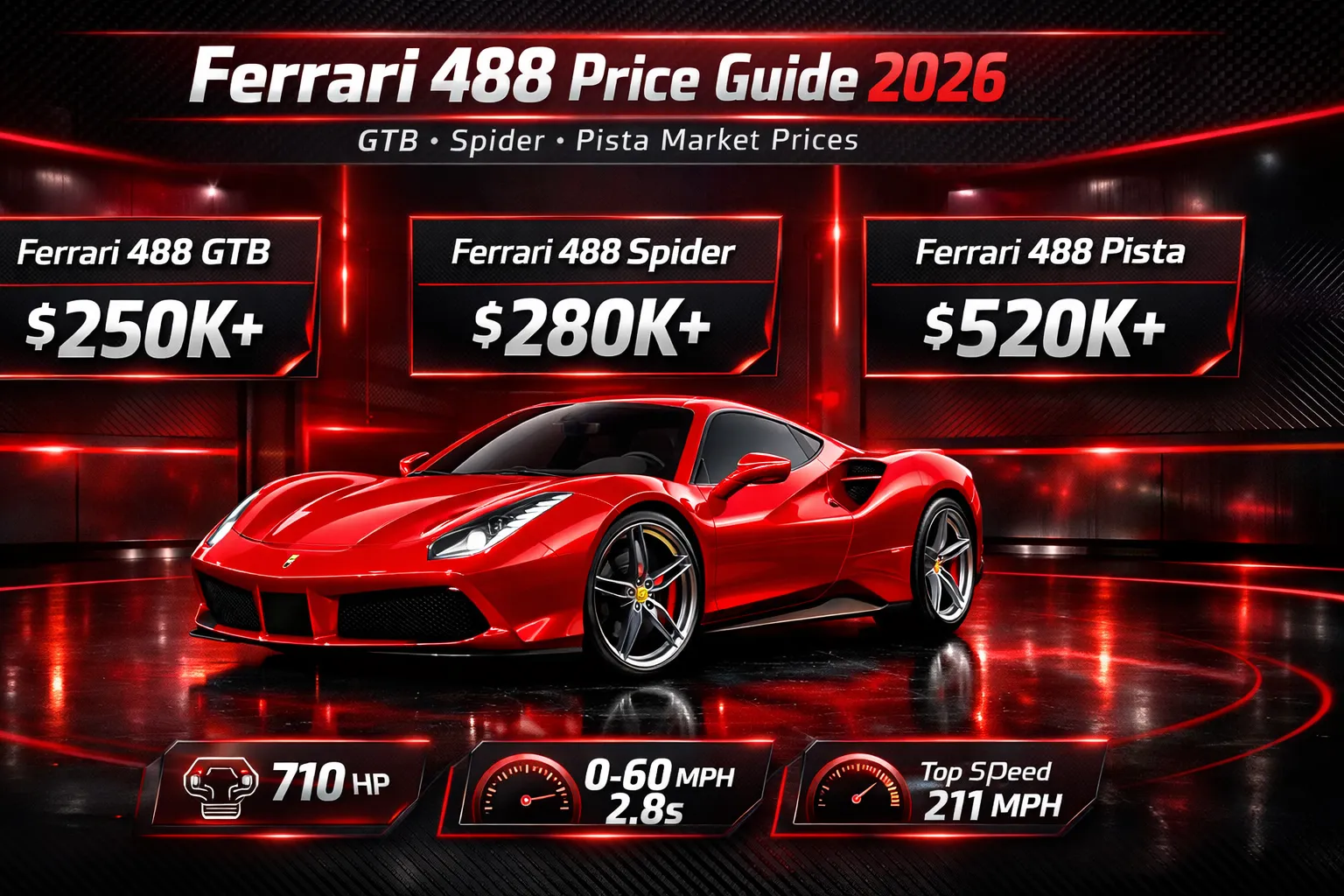 Ferrari 488 price infographic showing GTB, Spider, and Pista price ranges with performance specs and supercar market comparison.