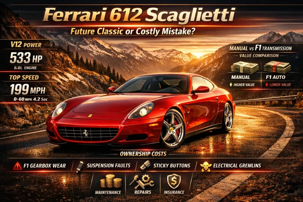 Ferrari 612 Scaglietti infographic highlighting specs, common problems, ownership costs, and whether this V12 Ferrari is a future classic or risky buy.