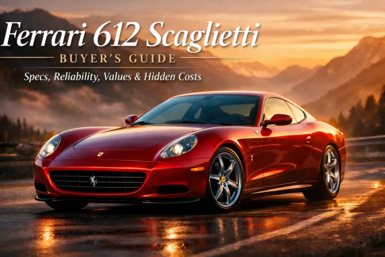 Ferrari 612 Scaglietti infographic highlighting specs, common problems, ownership costs, and whether this V12 Ferrari is a future classic or risky buy.