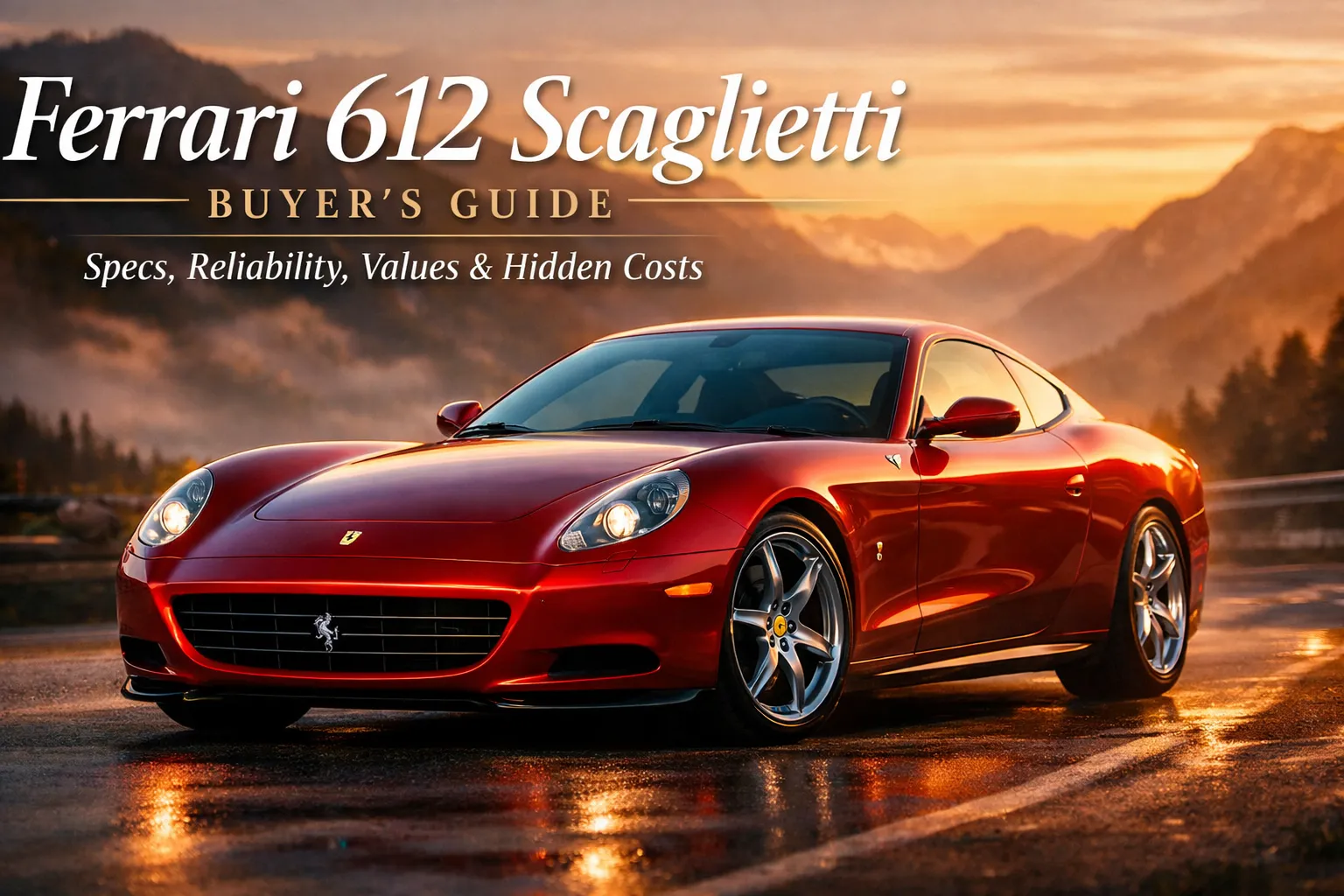 Ferrari 612 Scaglietti infographic highlighting specs, common problems, ownership costs, and whether this V12 Ferrari is a future classic or risky buy.